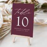 Wine Modern Elegance Wedding Table Number<br><div class="desc">Trendy, minimalist wedding table number cards featuring white modern lettering with "Table" in a modern calligraphy script. The design features a wine purple background or colour of your choice. The design repeats on the back. To order the table cards: add your name, wedding date, and table number. Add each number...</div>