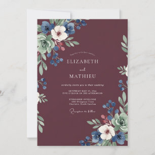 Wine Navy Anemone Wedding Invitation