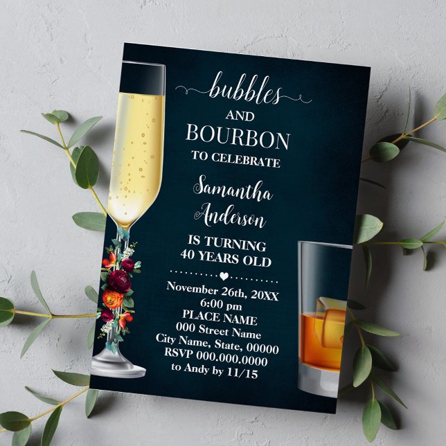 Wine Navy Bubbles & Bourbon Adults Birthday Invitation (Creator Uploaded)