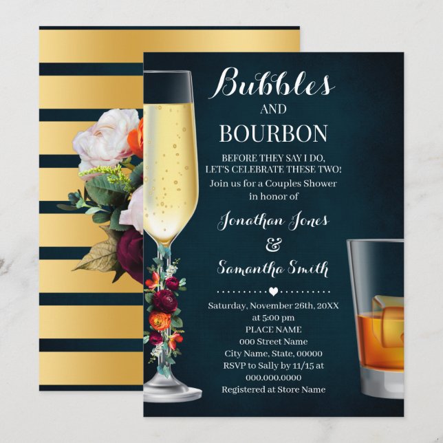 Wine Navy Bubbles & Bourbon Couples Shower Wedding Invitation (Front/Back)