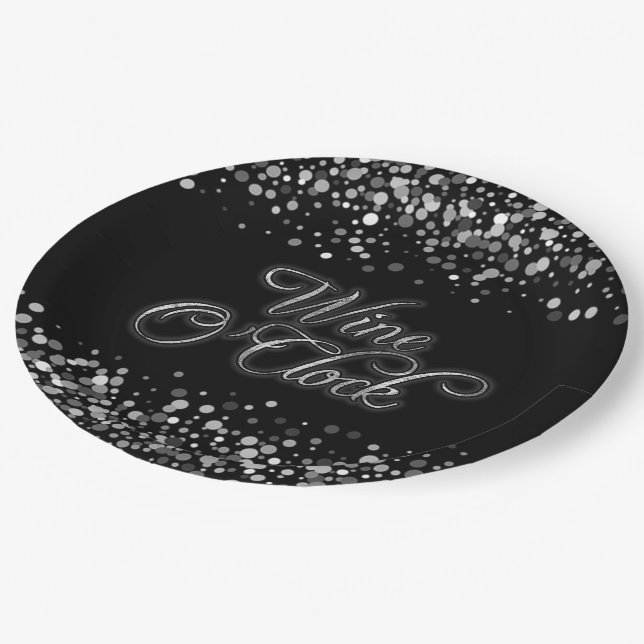 Wine O'Clock Silver Sparkle Paper Plate (Angled)
