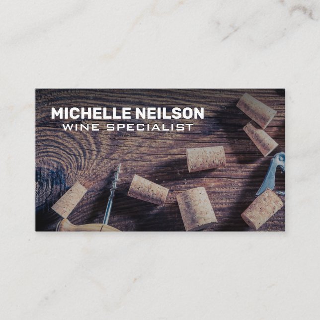 Wine Openers and Corks on Wood Table Business Card (Front)