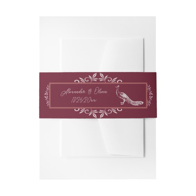 Wine Peacock Flourish Invitation Belly Band (Front Example)
