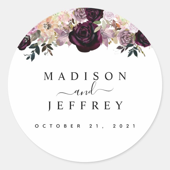 Wine Plum Mauve Fall Floral Wedding Classic Round Sticker (Front)