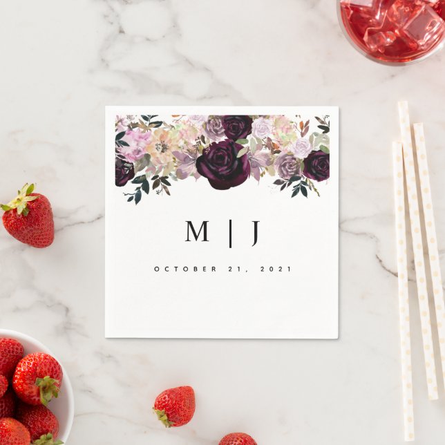 Wine Plum Mauve Fall Floral Wedding Napkin (Insitu)