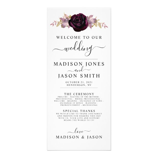 Wine Plum Mauve Fall Floral Wedding Program Rack Card (Front)