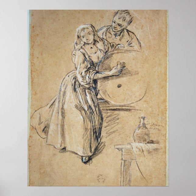 Wine-pourer with a Young Man (chalk) card Poster (Front)