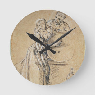 Wine-pourer with a Young Man (chalk) card Round Clock