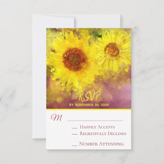 ~*  Wine Purple Rustic  Sunflower  Wedding RSVP Card (Front)
