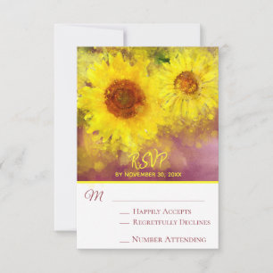 ~*  Wine Purple Rustic  Sunflower  Wedding RSVP Card
