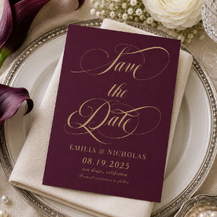 Wine Red and Gold Photo Wedding Save The Date