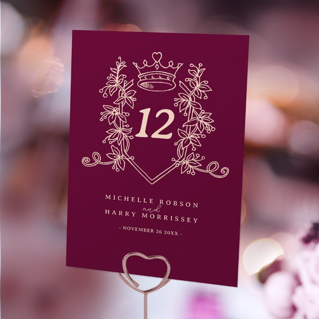 Wine red and light peach heart crown wedding  table number (Creator Uploaded)