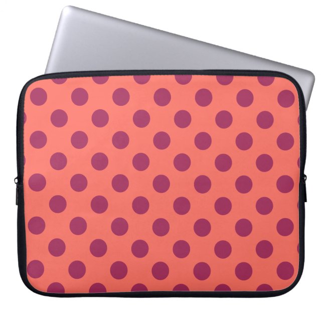 Wine red and living coral polka dots laptop sleeve (Front)