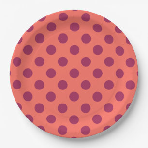 Wine red and living coral polka dots paper plate