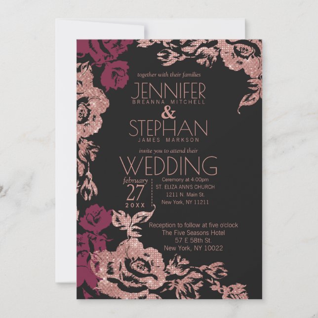 Wine Red Black Rose Gold Glitter Floral Wedding Invitation (Front)