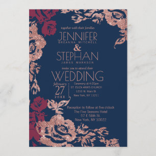 Wine Red Blue Rose Gold Glitter Floral Wedding Invitation