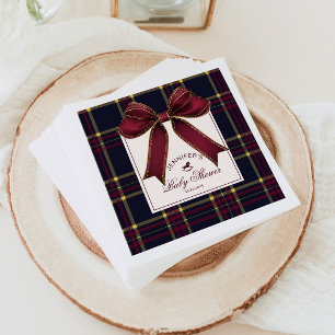 Wine Red Bow Rocking horse plaid Baby Shower Napkin