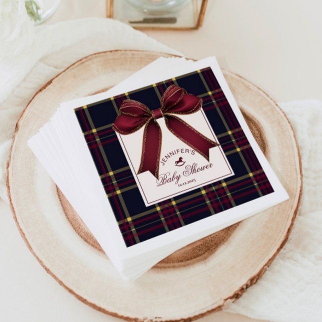 Wine Red Bow Rocking horse plaid Baby Shower Napkin (Creator Uploaded)