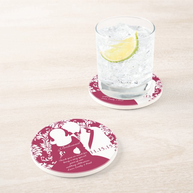 Wine Red Bridesmaid Wedding Bride & Groom Coasters (Side)