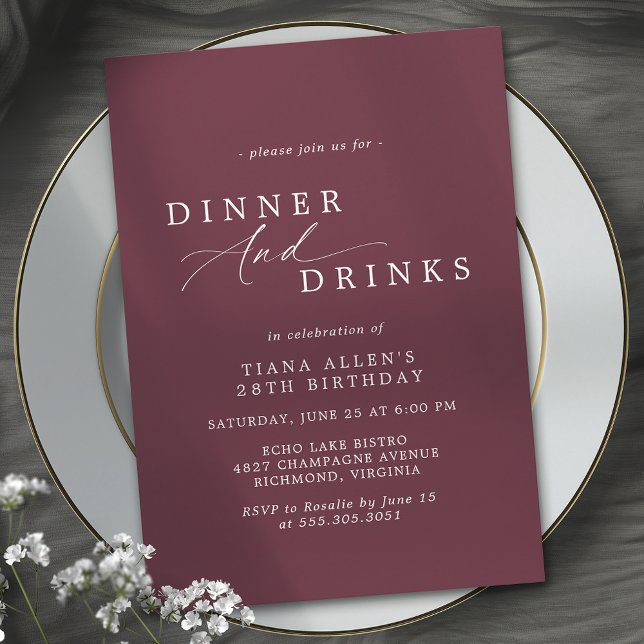 Wine Red Burgundy | Elegant Maroon Birthday Dinner Invitation (Creator Uploaded)