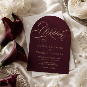 Wine Red & Gold Classic All In One Wedding Invitation