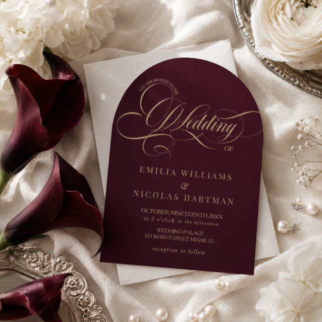 Wine Red & Gold Classic All In One Wedding Invitation (Creator Uploaded)
