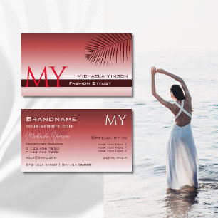 Wine Red Gradient Palm Leaf Stylish with Monogram Business Card