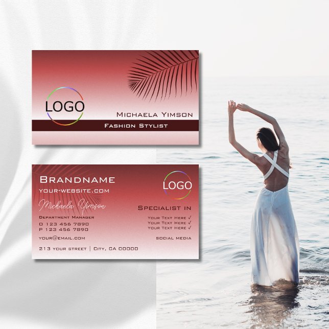 Wine Red Gradient Palm Leaf with Logo Professional Business Card (Creator Uploaded)
