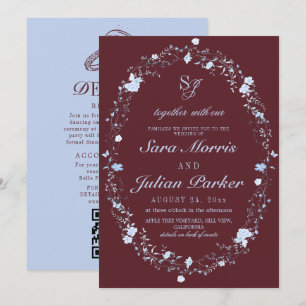 Wine Red & Ice Blue French Florals Wedding Invitation