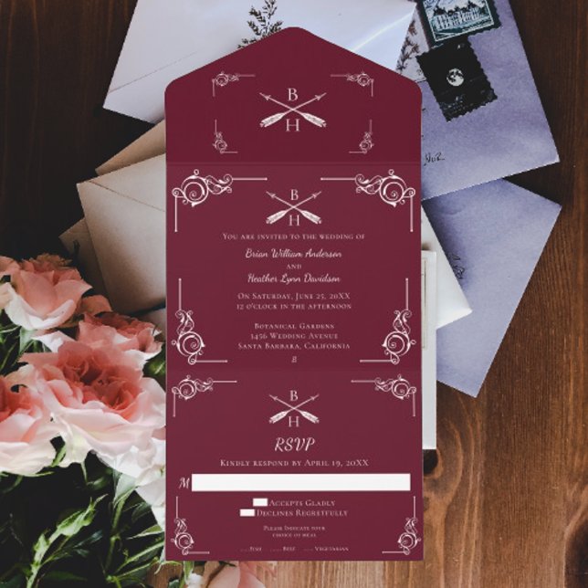 Wine Red Monogram and Arrows Wedding All In One Invitation (Wine Monogram and Arrows Wedding All in One Invitation)