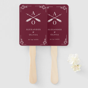 Wine Red Monogram and Arrows Wedding Favour Hand Fan