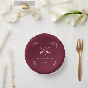 Wine Red Monogram and Arrows Wedding Paper Plate