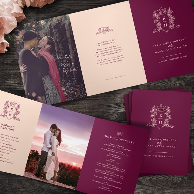 Wine red peach photo crown monogram wedding Tri-Fold programme (Creator Uploaded)