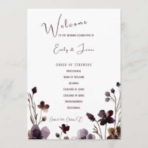 Wine Red Plum Mauve Fall Floral Wedding Programme