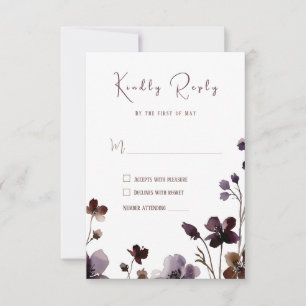 Wine Red Plum Mauve Fall Floral Wedding RSVP Card