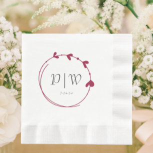 Wine Red Simple Heart Wreath Monogram Wedding Napkin
