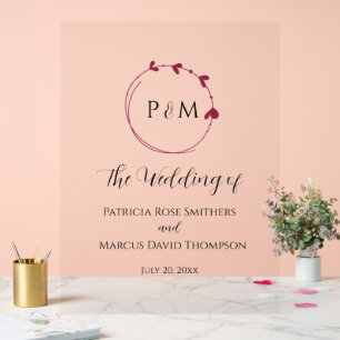 Wine Red Simple Heart Wreath Wedding Acrylic Sign