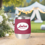 Wine Red Stylised Name Wedding Groomsman<br><div class="desc">Gift your wedding groomsman with this trendy and personalised, stainless steel wine tumbler with his name in stylised script inside a white, oval design. Background colour and script is a wine red. Personalise your wine tumbler by editing and replacing name with desired name. Available in many, popular wedding colour schemes....</div>