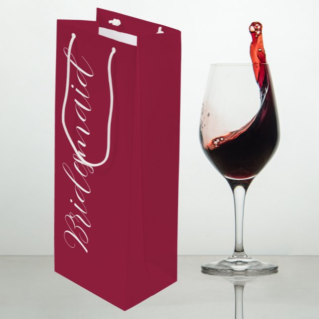 Wine Red Stylised Script Wedding Bridesmaid Wine Gift Bag (In Situ)