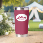 Wine Red Stylised Wedding Groomsman<br><div class="desc">Gift your wedding groomsman with this personalised,  stainless steel,  thermal tumbler with his name in stylised script in a white oval design. Background colour and script is a trendy wine red colour. Personalise your thermal tumbler by editing and replacing groomsman's name with desired name.</div>