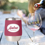 Wine Red Stylised Wedding Groomsman Name<br><div class="desc">Gift your wedding groomsman with this trendy and personalised, stainless steel wine tumbler with his name in stylised script inside a white, oval design. Background colour and script is a wine red. Personalise your wine tumbler by editing and replacing name with desired name. Available in many, popular wedding colour schemes....</div>