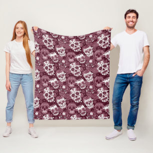 wine red sugar skull floral ornamental pattern fleece blanket