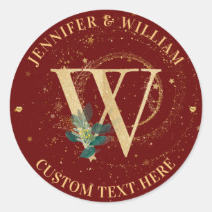 Wine Red Topography Monogram Gold W Wedding Classic Round Sticker