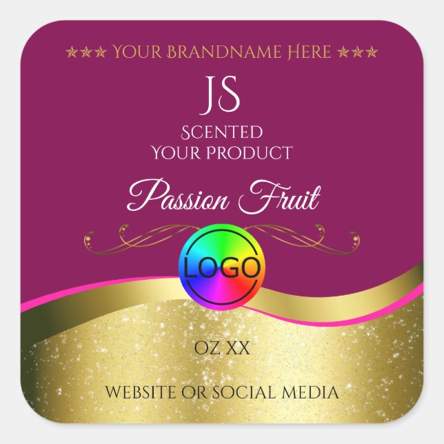 Wine Red Wavy Gold Logo Monogram Product Label (Front)