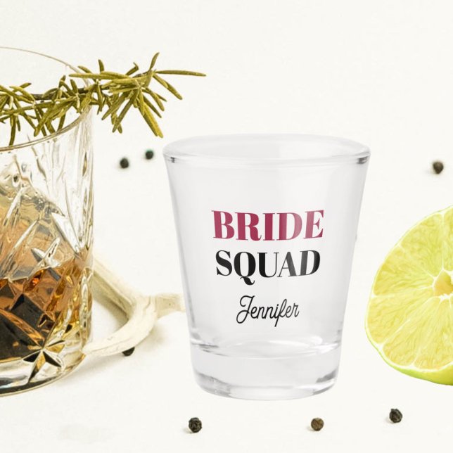 Wine Red Wedding Bride Squad Personalised Shot Glass (In Situ)