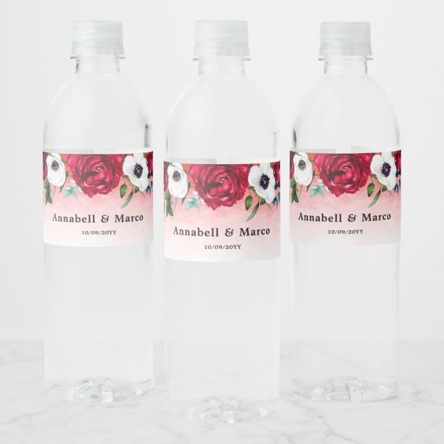 Wine Red White Floral  Water Bottle Label (Bottles)