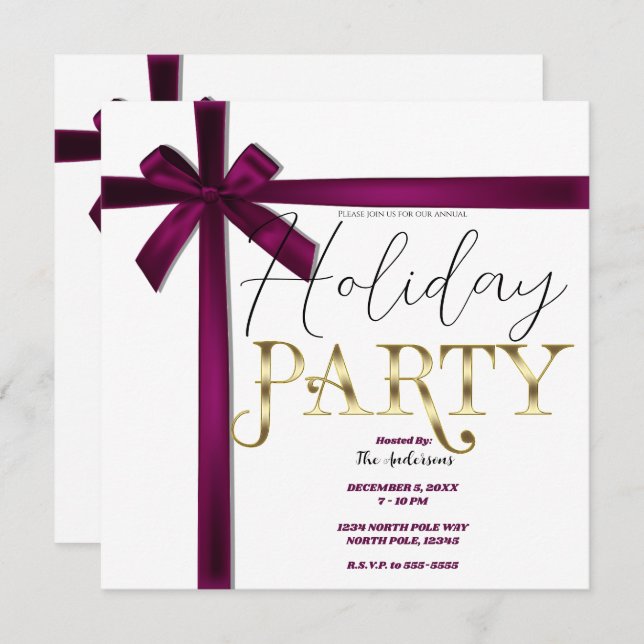 Wine Satin Ribbon Bow Christmas Holiday Party Invitation (Front/Back)