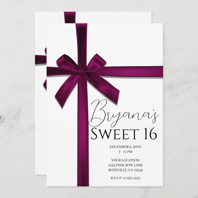 Wine Satin Ribbon Bow Sweet 16 Birthday Party  Invitation (Front/Back)