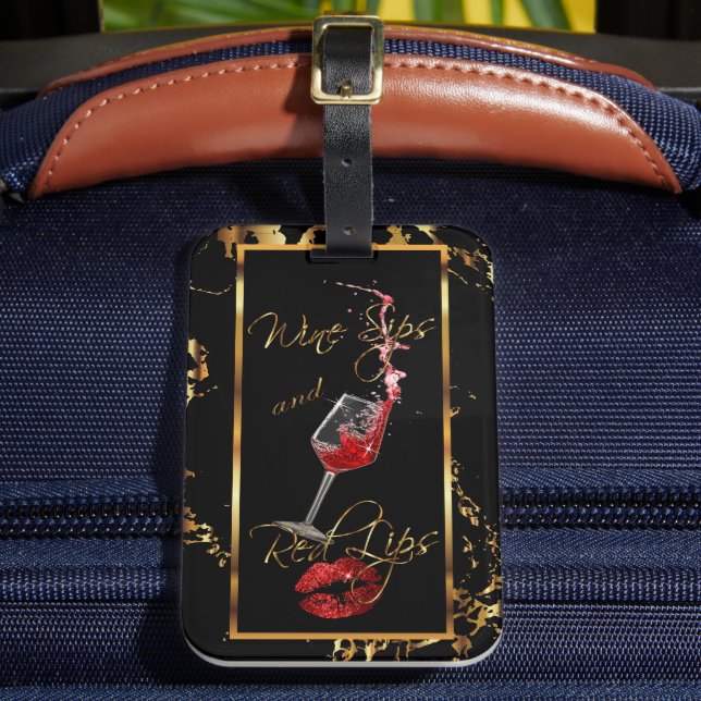 Wine Sips 🍷 and Red Glitter Lips 👄 Luggage Tag (Front Insitu 2)