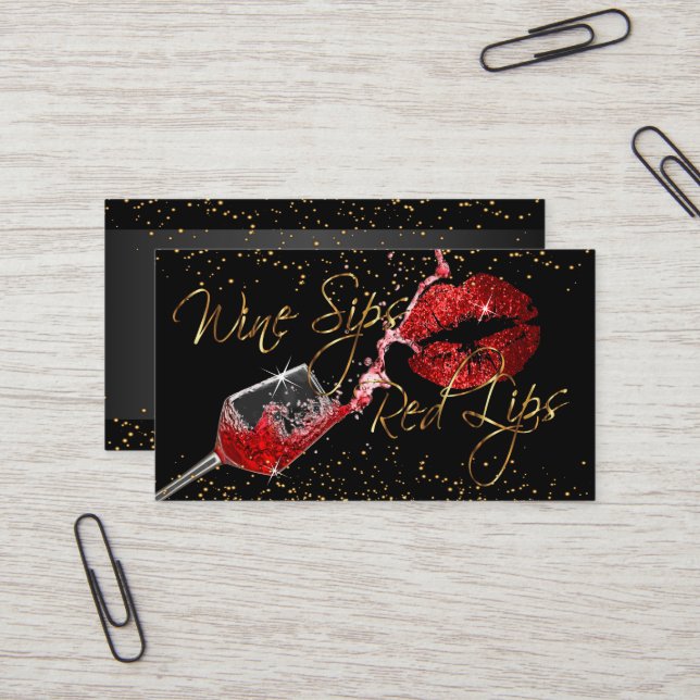 Wine Sips and Red Lips Business Card (Front/Back In Situ)